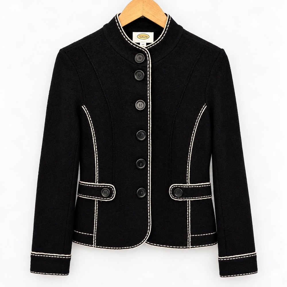 Talbots Black 100% Merino Wool Contrast Stitch Mock Neck Jacket Structured Small